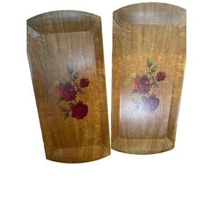 Vintage Haskelite Serving Trays Rose Floral Wood Covered Lithographed Paper 2